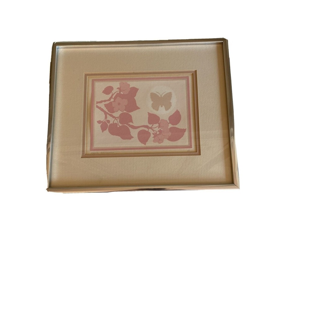 Vintage Apple Blossoms Butterfly Framed Art Print Initialed dt Pink Silver Frame